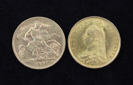 A Victoria 1887 gold shield back half sovereign and a George V 1912 gold half sovereign.